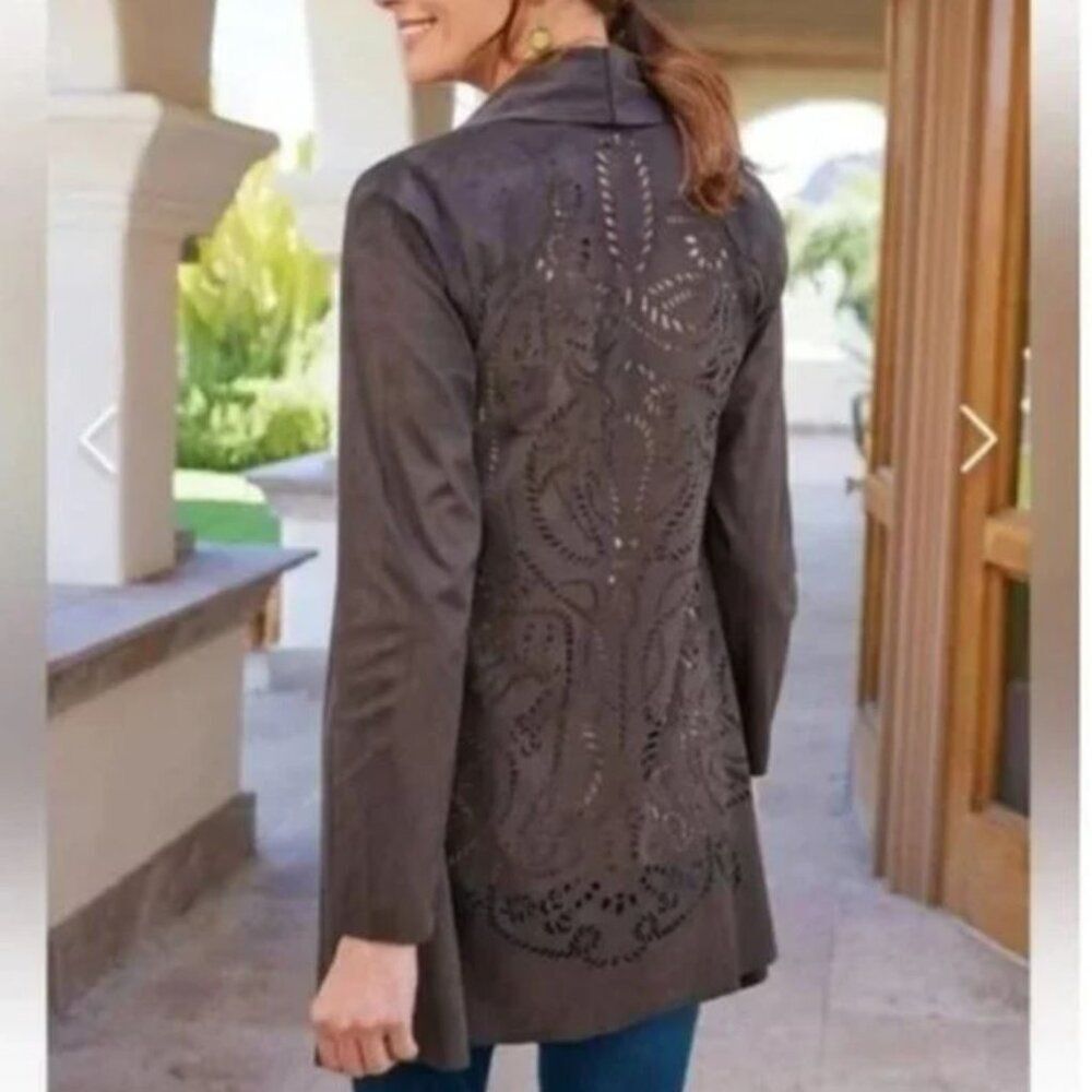 Soft Surroundings Faux Suede Jacket Open Front Brown Laser Cut Sz M Boho Western